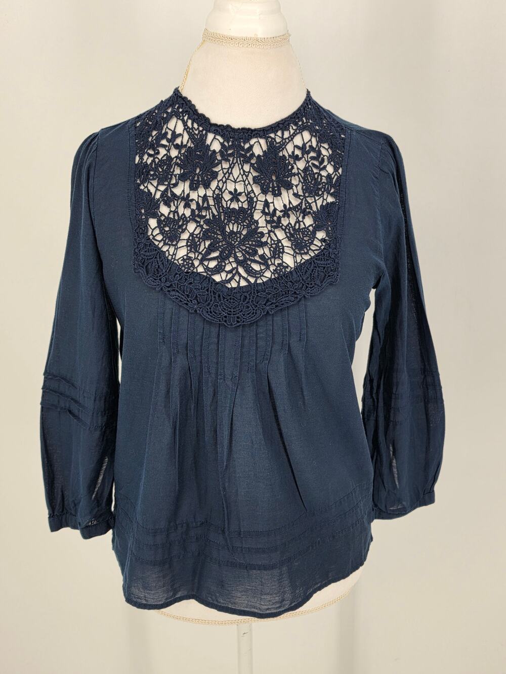 Abercrombie & Fitch Blouse Navy Blue Lace Crochet Bib Keyhole Pleated Top